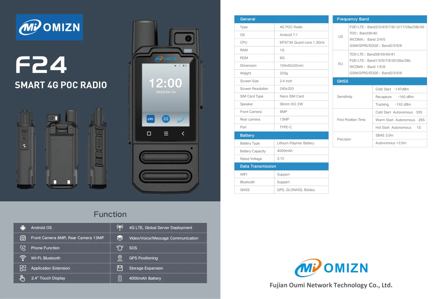 Radio POC OMIZN F24 4G, Walkie Talkie Android 7.1 de Alcance Ilimitado con Cámara de 8MP/13MP, GPS, Batería de 4000mAh, WiFi/Bluetooth