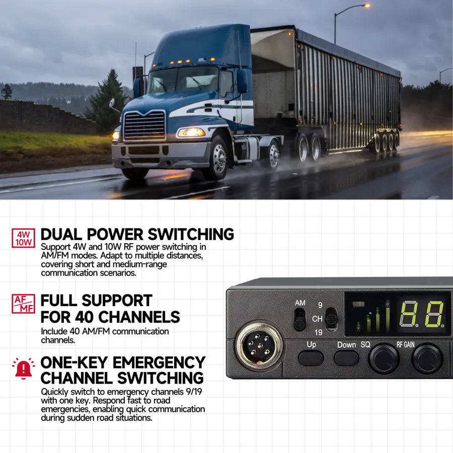 OMIZN LT-298 CB Radio AM/FM 40 canales completos, canal de emergencia instantáneo 9/19 Función ASQ, ganancia RF, conector para altavoz externo, pantalla de fácil lectura