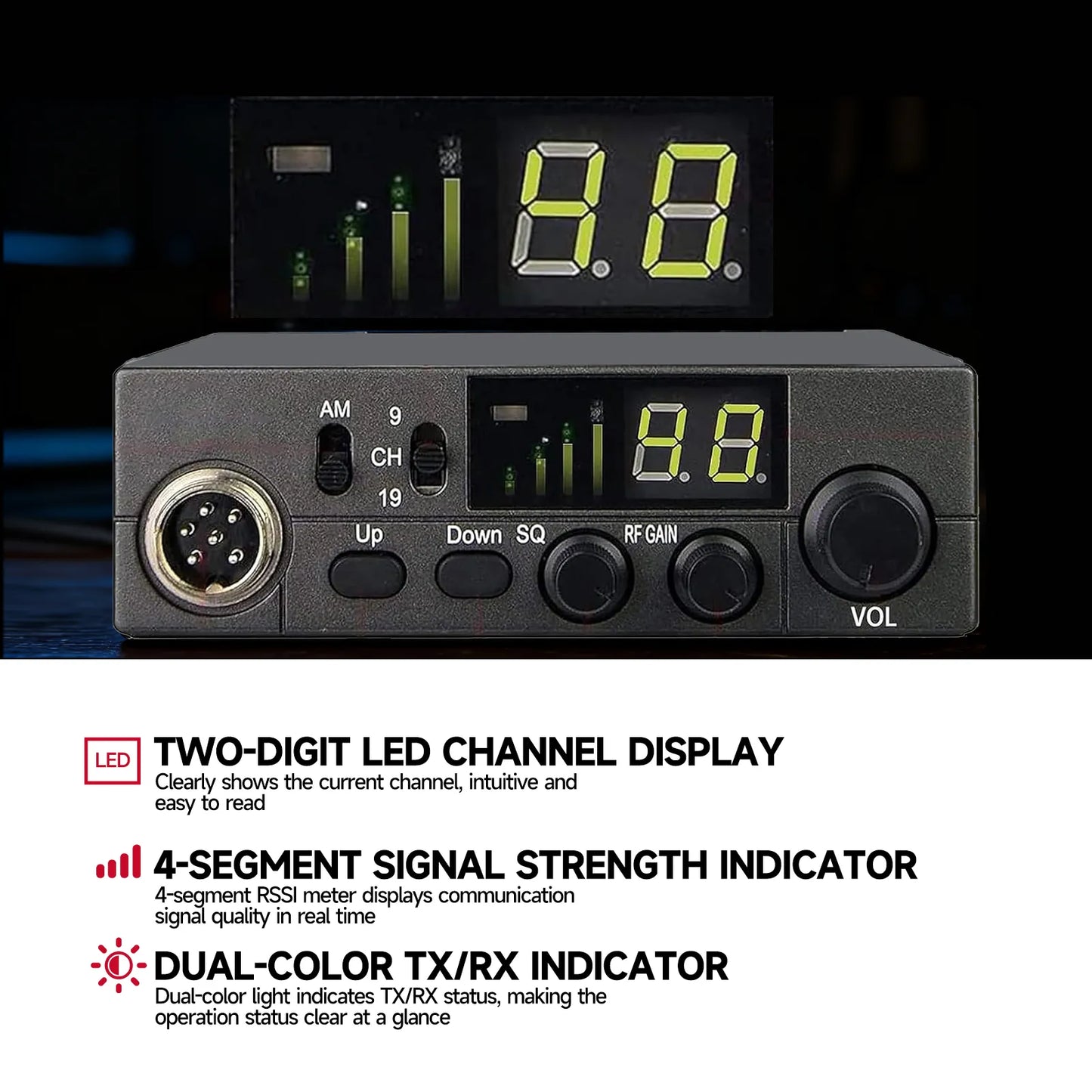 OMIZN LT-298 CB Radio AM/FM 40 canales completos, canal de emergencia instantáneo 9/19 Función ASQ, ganancia RF, conector para altavoz externo, pantalla de fácil lectura