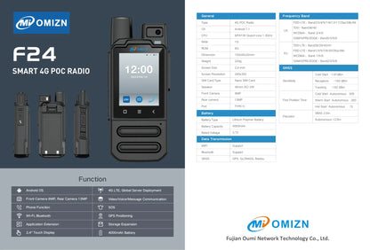 Radio POC OMIZN F24 4G, Walkie Talkie Android 7.1 de Alcance Ilimitado con Cámara de 8MP/13MP, GPS, Batería de 4000mAh, WiFi/Bluetooth